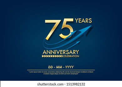 75th years anniversary celebration emblem. anniversary elegance golden logo with blue arrow ribbons on blue background. vector illustration template design for celebration greeting and invitation card