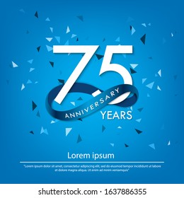 75th years anniversary celebration emblem. white anniversary logo isolated with blue circle ribbon. vector illustration template design for web, poster, flyers, greeting card and invitation card
