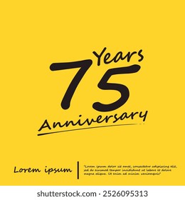 75th years anniversary celebration emblem logo isolated with line art - stroked handwriting on yellow background. vector illustration template design for web, flyers, poster, greeting