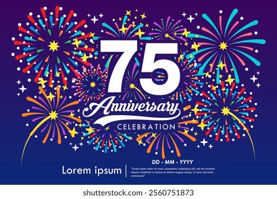 75th years anniversary celebration emblem. anniversary logo isolated with ribbon, sparkle, twinkle fireworks and stars. vector illustration template design for web, flyers, poster, greeting card