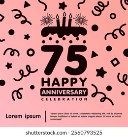 75th years anniversary celebration emblem. Happy anniversary logo isolated birthday cake and candle with confetti line doodle on pastel pink background. vector illustration template 
