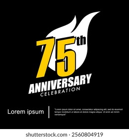 75th years anniversary celebration emblem. anniversary logo isolated with sparks - fireball on black background. vector illustration template design for web, flyers, poster, greeting card