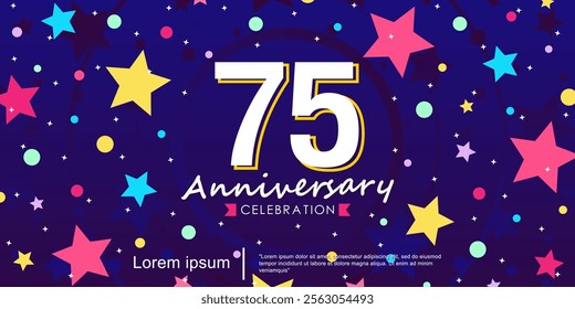 75th years anniversary celebration emblem. anniversary logo isolated with ribbon and stars twinkle sparkle. vector illustration template design for web, flyers, poster, invitation card, greeting card