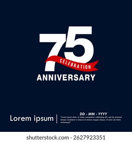 75th years anniversary celebration emblem. elegant anniversary logo isolated with red ribbon on dark blue background. vector illustration template design for web, flyers, poster, invitation card