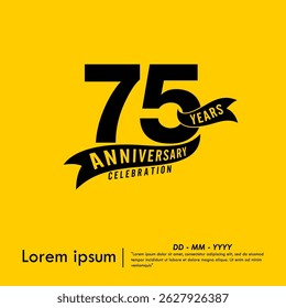 75th years anniversary celebration emblem. black logo isolated with ribbon on yellow background. vector illustration template design for web, flyers, poster, greeting card and invitation card