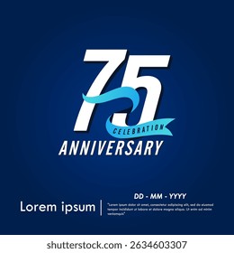 75th years anniversary celebration emblem. elegant anniversary logo isolated with blue ribbon on dark blue background. vector illustration template design for web, flyers, poster, greeting card