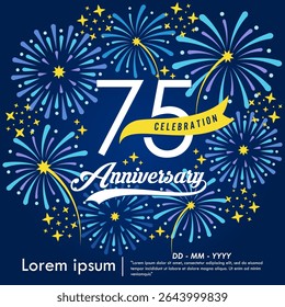 75th years anniversary celebration emblem. congratulations anniversary logo isolated with yellow ribbon and fireworks sparkle on blue background. vector illustration template design for web banner