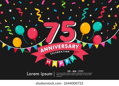 emblème de la célébration du 75e anniversaire. félicitations logo anniversaire isolé avec des confettis colorés, drapeau de bruant, ballons et ruban. conception de template d'illustration vectorielle pour la bannière de web