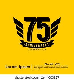 75th years anniversary celebration emblem. congratulations anniversary logo isolated with ribbon and wing on yellow background. vector illustration template design for web, flyers, poster, greeting 