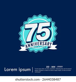 75th years anniversary celebration emblem. congratulation anniversary blue medal logo isolated with ribbon on blue background. vector illustration template design for web banner