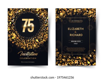 75th years birthday vector black paper luxury invitation double card. Seventy five years wedding anniversary celebration brochure. Template of invitational for print dark background with bokeh lights