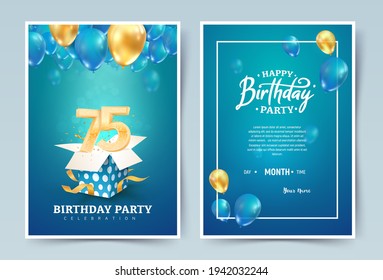 75th years birthday vector invitation double card. Seventy five years wedding anniversary celebration brochure. Template of invitational for print on blue background