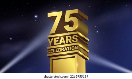 75th Years Celebration, 3D Gold Statue with Spotlights, Luxury Hollywood Light, Vector Illustration