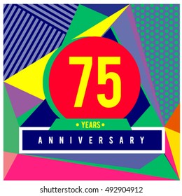 75th years greeting card anniversary with colorful number and frame. logo and icon with Memphis style cover and design template. Pop art style design poster and publication.
