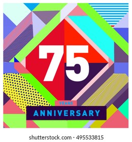 75th years greeting card anniversary with colorful number and frame. logo and icon with Memphis style cover and design template