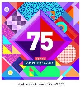 75th years greeting card anniversary with colorful number and frame. logo and icon with Memphis style cover and design template