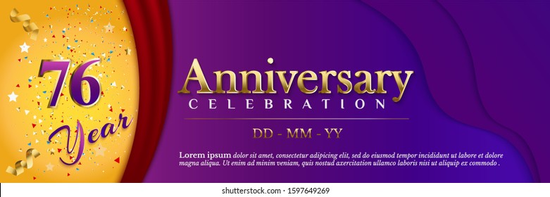 76 Anniversary celebration banner template with ribbon and red curtain on luxury purple paper cut background