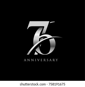 76 anniversary elegance silver chrome logo. linked number with swoosh on black background
