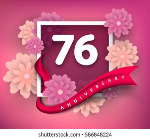 76 anniversary invitation card. Vector invitation card or 
Anniversary emblems template design. Design with abstract 
background and elegant frame with ribbon decorated and 3d flowers.