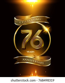 76 anniversary logo with golden ring and ribbon colored isolated on black background, vector design for party greeting card and invitation card. celebration logotype template