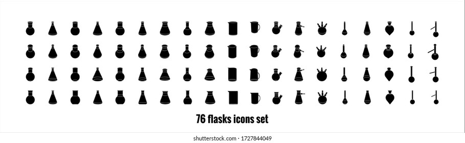76 black and white flasks set. Test tubes icons. Elements in different foreshortening. Vector illustration isolated on white.