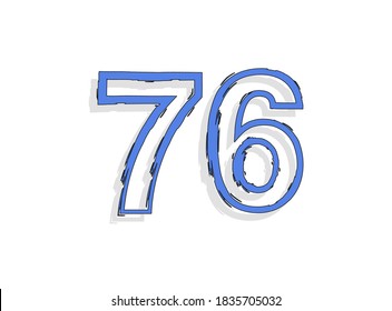 76 número azul, trazo del pincel dibujado a mano. Diseño de estilo cómico. Para elementos de diseño, logotipo, póster creativo, etc. Ilustración vectorial 