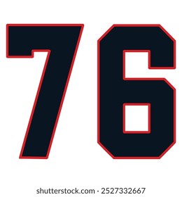 76 Clássico Vintage Sport Jersey Números uniformes em preto com um número de linha de contorno externo preto em fundo branco para futebol americano, beisebol e basquete ou futebol para camisa