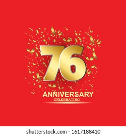 76 golden numbers and Anniversary Celebrating text with golden serpentine and confetti on red background. Vector twentieth anniversary celebration event square template