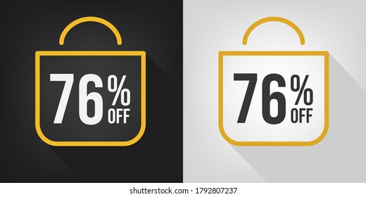 76% de descuento. Banner negro, blanco y amarillo con un descuento del 76%. Vector de concepto de bolsa de compras.