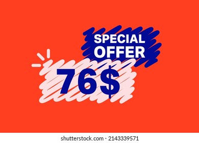76$ OFF Sale Discount banner shape template. Super Sale 76 Dollar Special offer badge end of the season sale coupon bubble icon. Modern concept design. Discount offer price tag vector illustration. svg