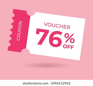 76% off Sale Voucher Coupon. Seventy six percent promotion illustration. Tag label, sale banner with discount coupon. Pink Vector gift voucher.