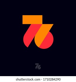 76 origami monogram. Orange and red ribbons like number 67 initial. Network icon. Origami monogram, design of lettering.