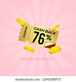 76 percent gift voucher with coupon Cash back. For business promotion sales and Discount online purchases. Tag label, sale banner with golden coin cash back. 