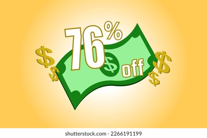 76 percent off. Banner with banknote and dollar sign svg