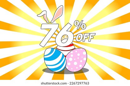 76 percent off. Banner with colorful easter eggs, bunny ears and background with yellow and orange gradient rays
