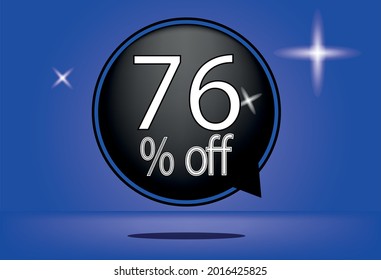 76 percent off black balloon and floating. with blue background, banner 76% off blue, shadow