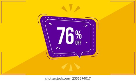 76 percent, seventy six percent. Discount banner shape. Sale coupon purple bubble icon. Special offer badge. Yellow abstract background. Modern concept design. Banner with offer badge. Vector