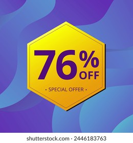 76% Sale and Discount Label. Seventy six percent Sale Discount label Geometric design. Abstract Blue and Yellow Hexagon. Vector illustration.