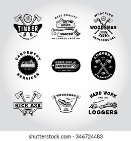 76 SET OF BADGE LUMBER WOODWORKING TOOL. Handmade axe plane tree stump hacksaw retro style. Design fashion apparel print. T shirt graphic vintage grunge vector illustration badge label logo template. 