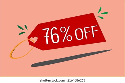 76 seventy six percent discount red banner with a tag and heart for promotions and offers