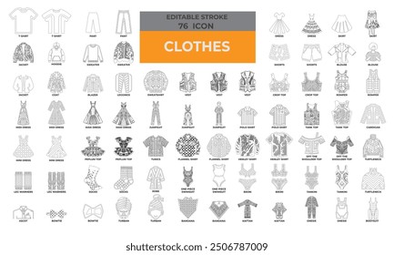 76 Stroke Icons for Clothes set in line style. Excellent icons collection. Vector illustration.