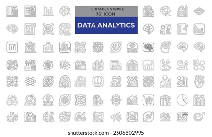 76 Stroke Icons for Data Analytics set in line style. Excellent icons collection. Vector illustration.