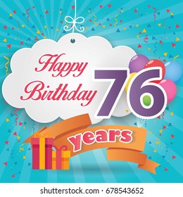 76 th birthday celebration greeting card origami paper art design, birthday party poster background with clouds, balloon, ribbon and gift box full color. seventy six years anniversary celebrations