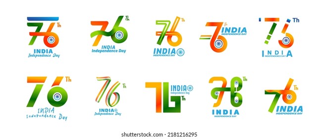 76 th Logo Independence Day of India 15 th august. Sticker set, typography set , elements and decoration