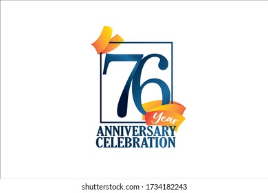 76 Year Anniversary Blue Color with Block Frame and Orange Yellow Ribbon - Vector