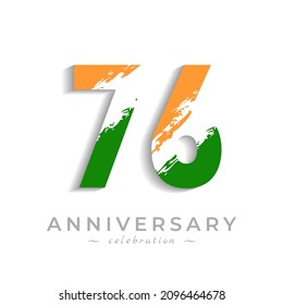 76 Year Anniversary Celebration with Brush White Slash in Yellow Saffron and Green Indian Flag Color. Happy Anniversary Greeting Celebrates Event Isolated on White Background