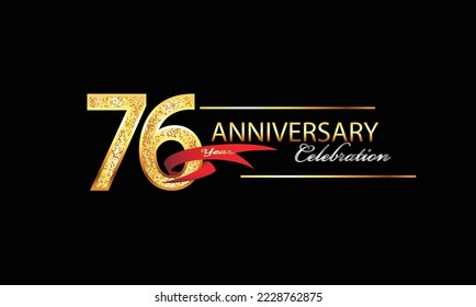 76 Year Anniversary celebration Vector Design. 76th Anniversary celebration. Gold Luxury Banner of 76th Anniversary celebration with red ribbon and glitter. Background celebration. Vector anniversary