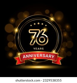 76 year anniversary logo with a gold emblem shape and red ribbon, logo template vector