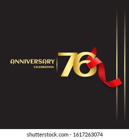 76 year anniversary logo template on black background. golden numbers with red ribbon vector