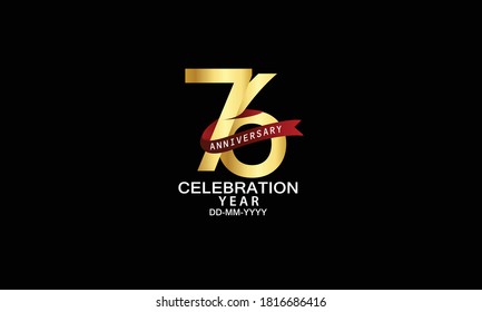 76 year anniversary red ribbon celebration logotype. anniversary logo with Red text and Spark light gold color isolated on black background, design for celebration, invitation - vector